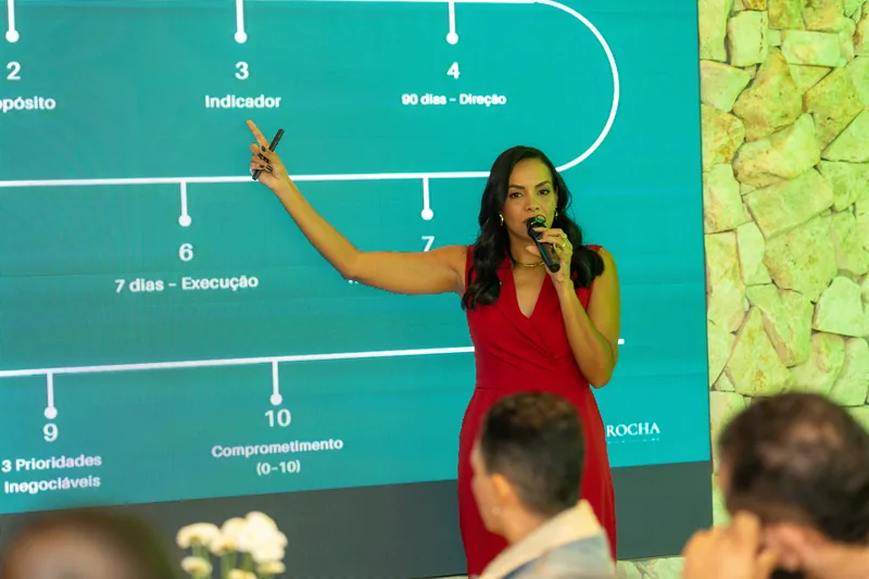 Daniela Rocha, ao microfone, aponta para um diagrama de metas e prazos projetado no telão enquanto explica ao grupo.